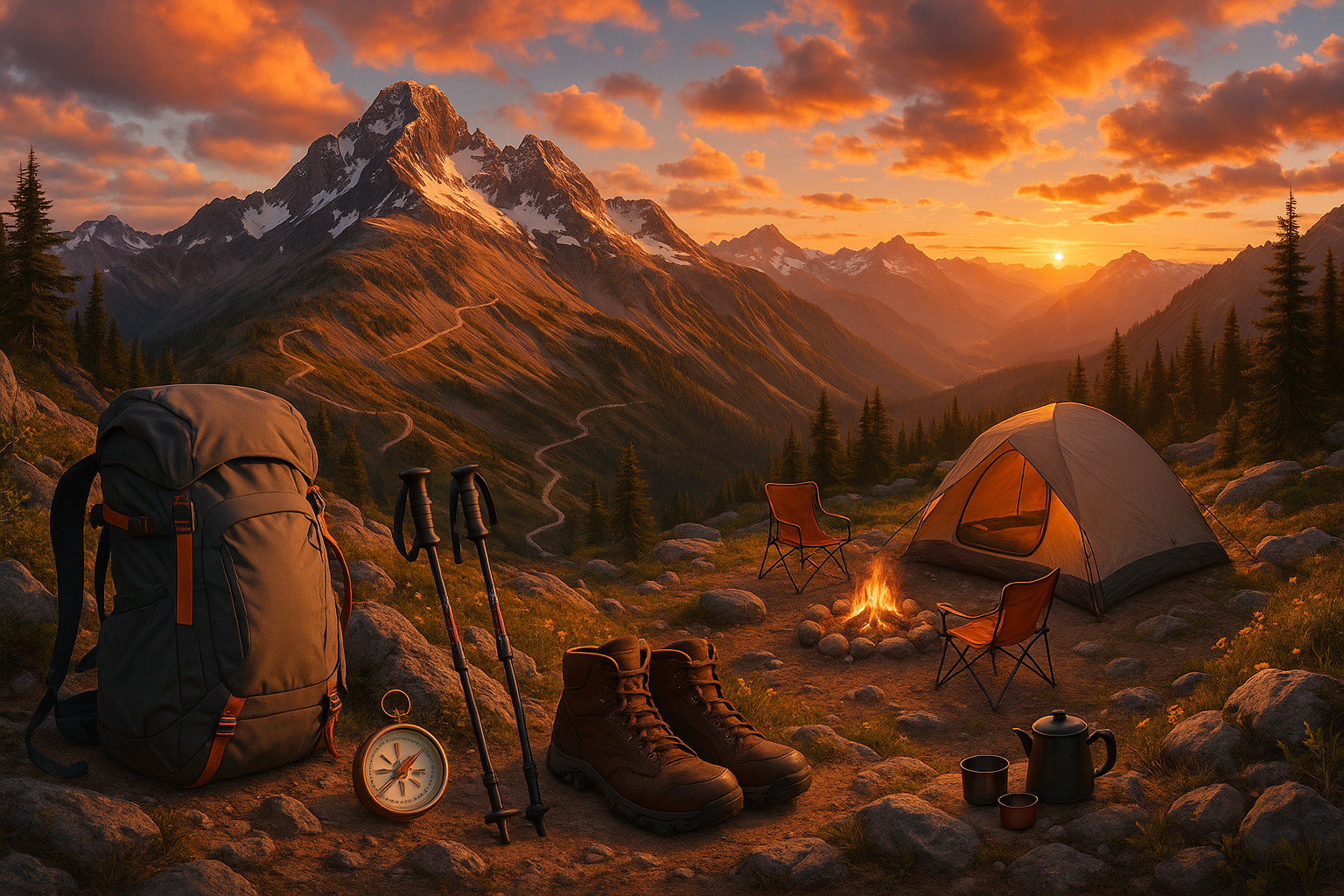 Majestic mountain landscape with hiking trails, adventure gear, and camping equipment in a scenic wilderness setting at sunset